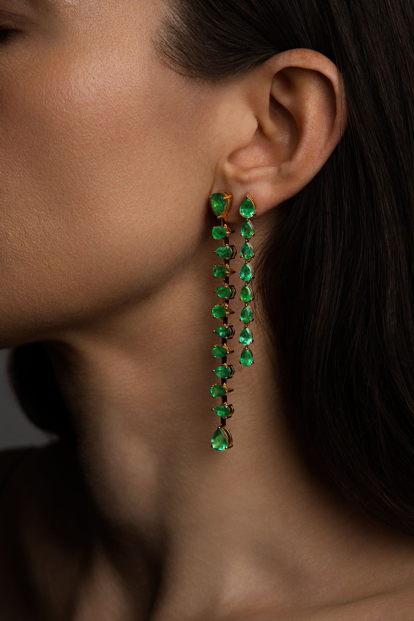 Dancing Linear Emerald Pear Drop Earrings