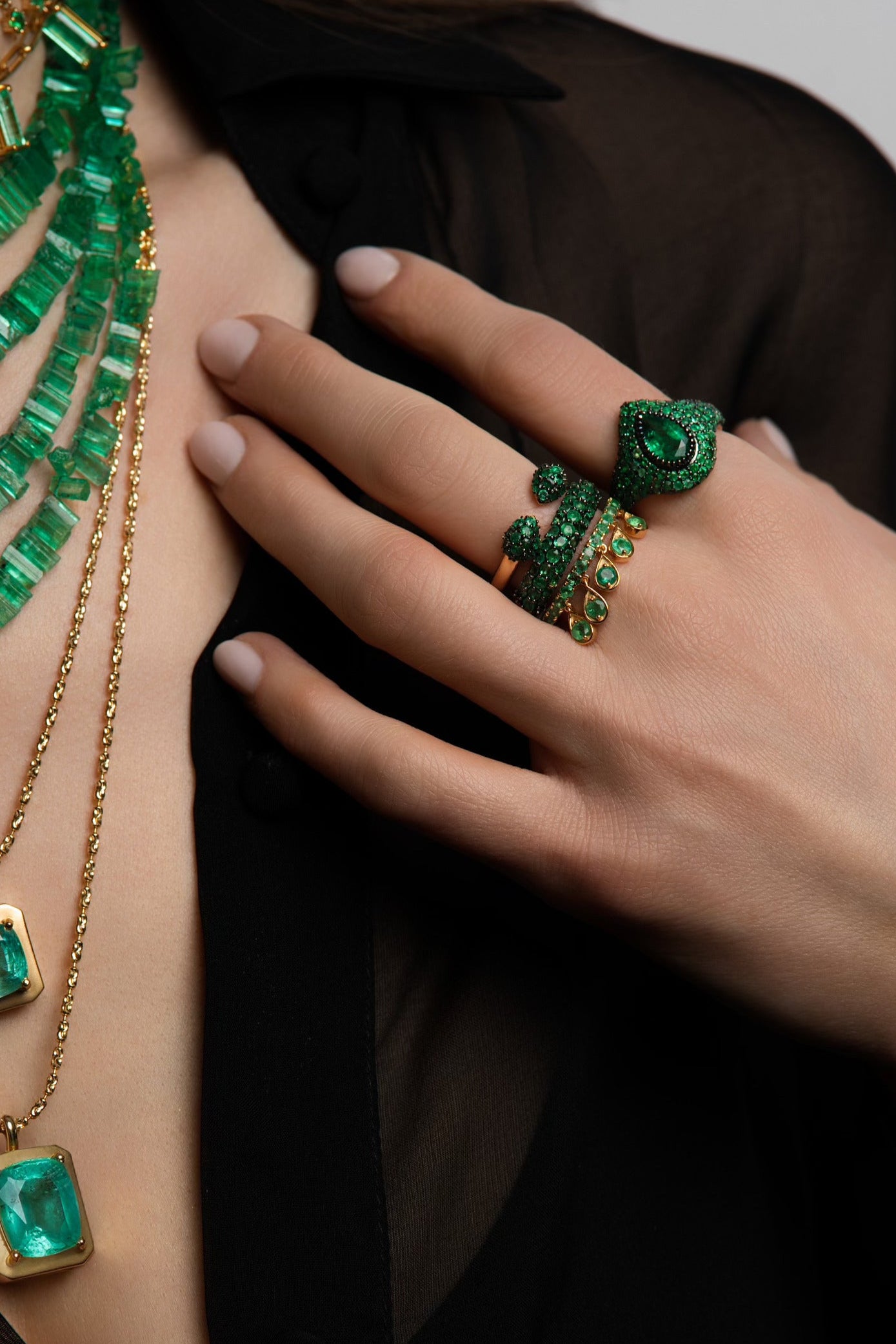 Rhodium-Plated Emerald Pave Ring
