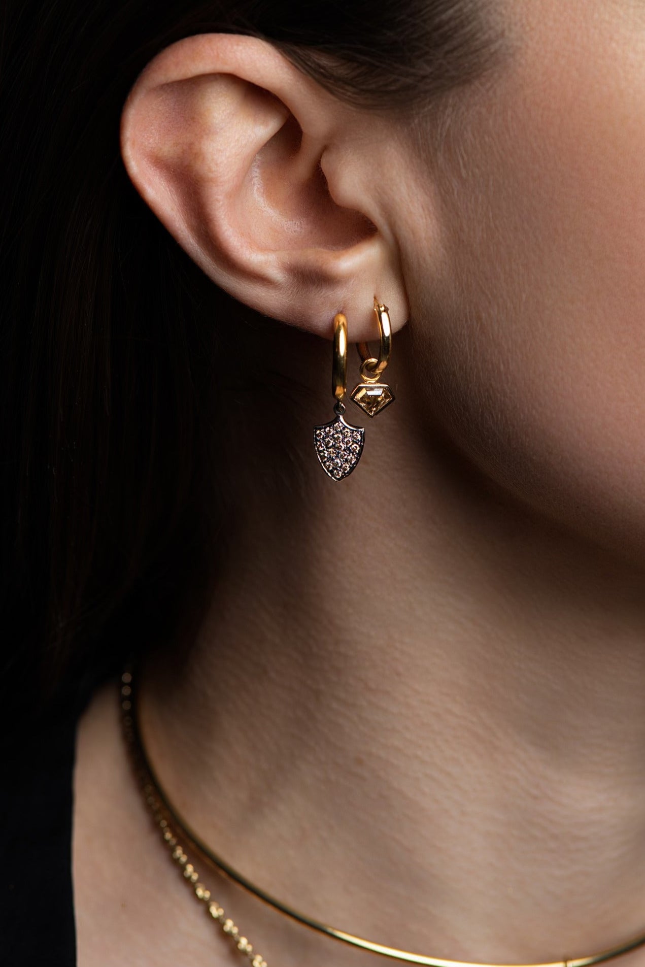 Huggies With Bezeled Shield Diamond Drops