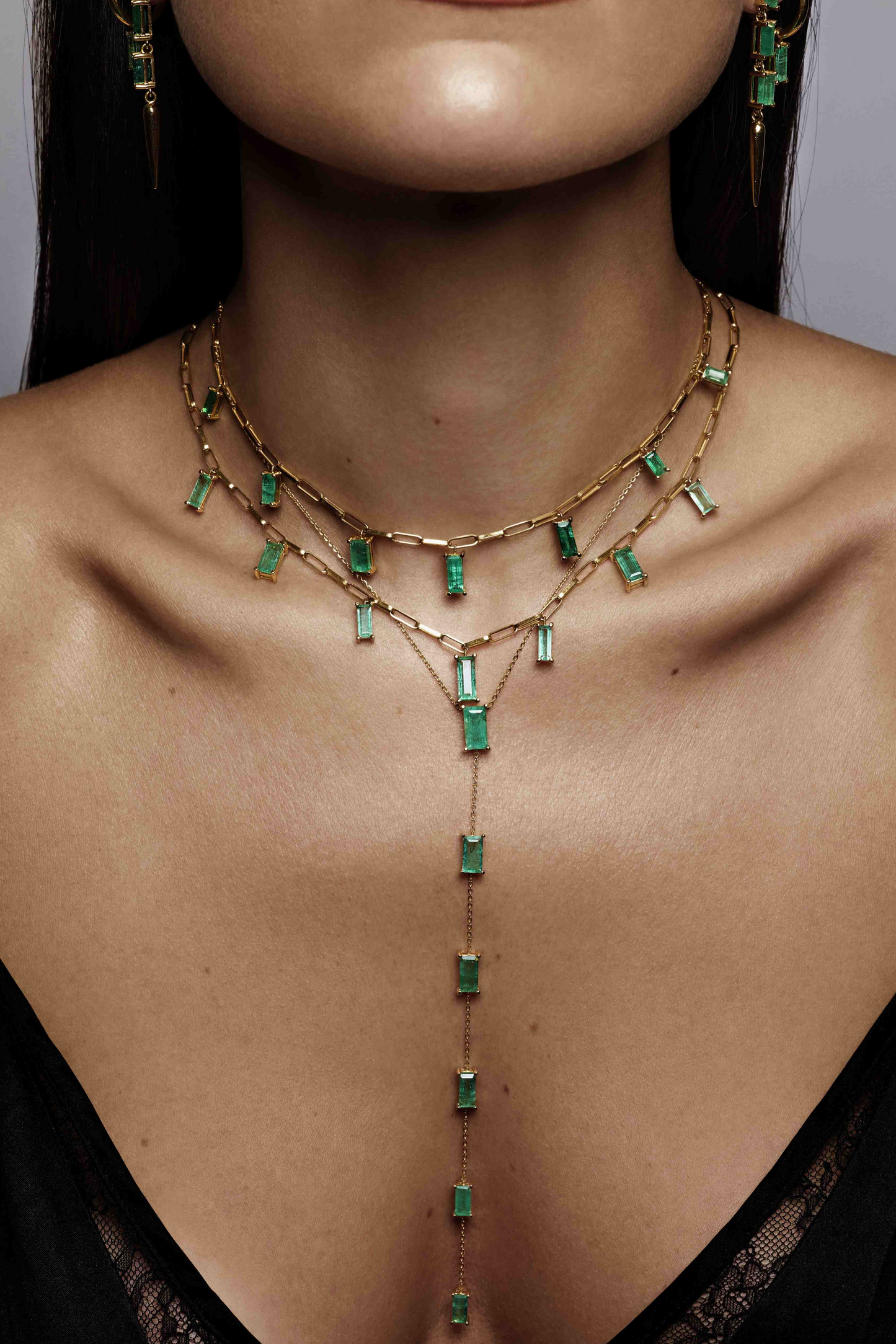 Emerald Baguette Dancing Drop Necklace