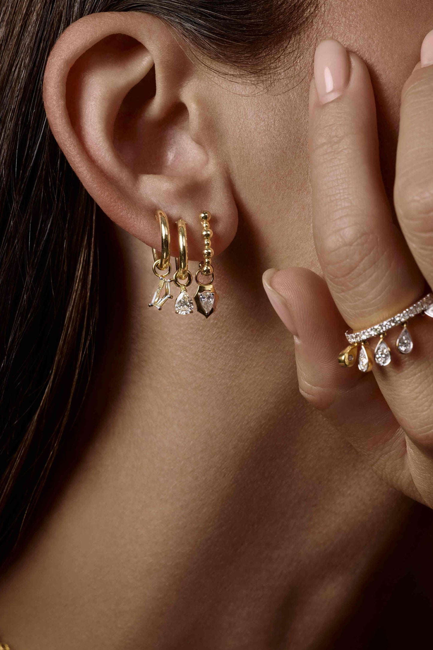 Single Huggie With Floating Shield Diamond Drop