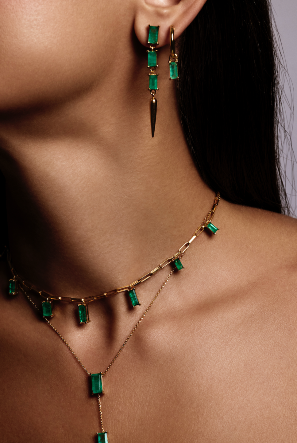 Huggies with Emerald Baguette Drop