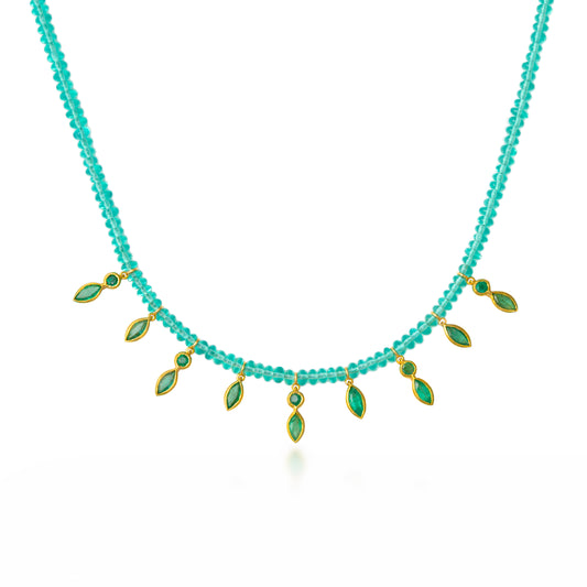 Emerald Bead 9 Marquise Drop Necklace 16"