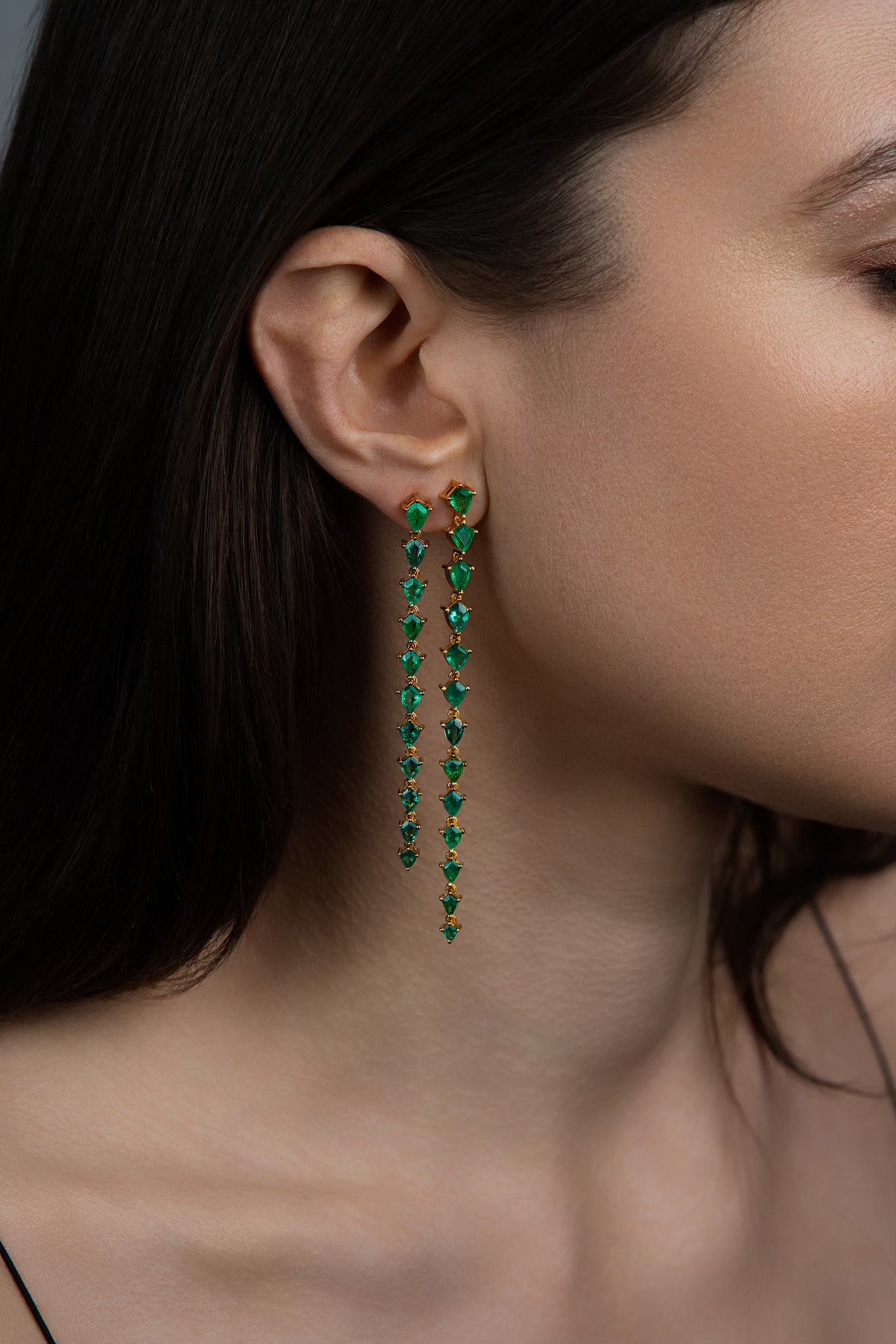 Dancing Linear Emerald Pear Drop Earrings