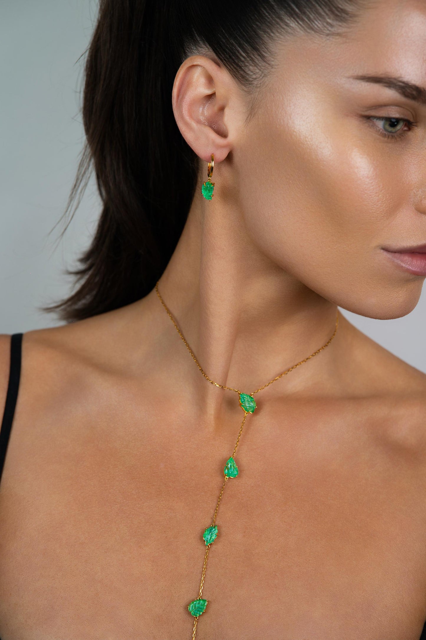 Carved Emerald Leaf Huggies