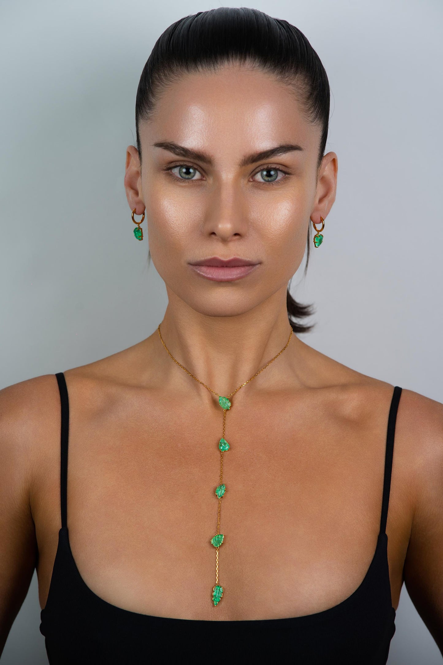 Carved Emerald Leaf Huggies
