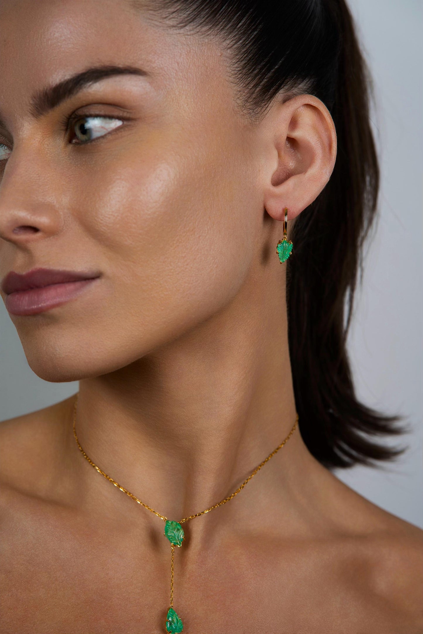 Carved Emerald Leaf Huggies